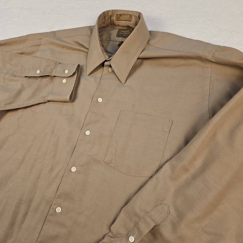 *Rd Haggar Men's Button Down Dress Shirt Khaki Brown L/S Sz 17/36 Single Pocket